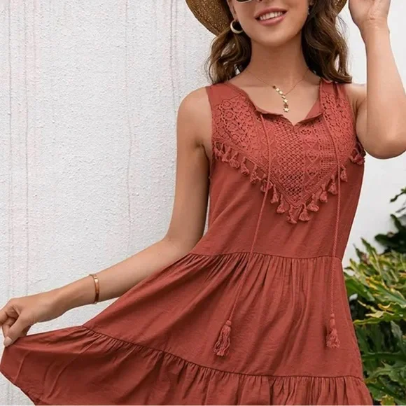Boho Delicate Crochet Lace Sleeveless Mini Dress - Picture 3 of 4